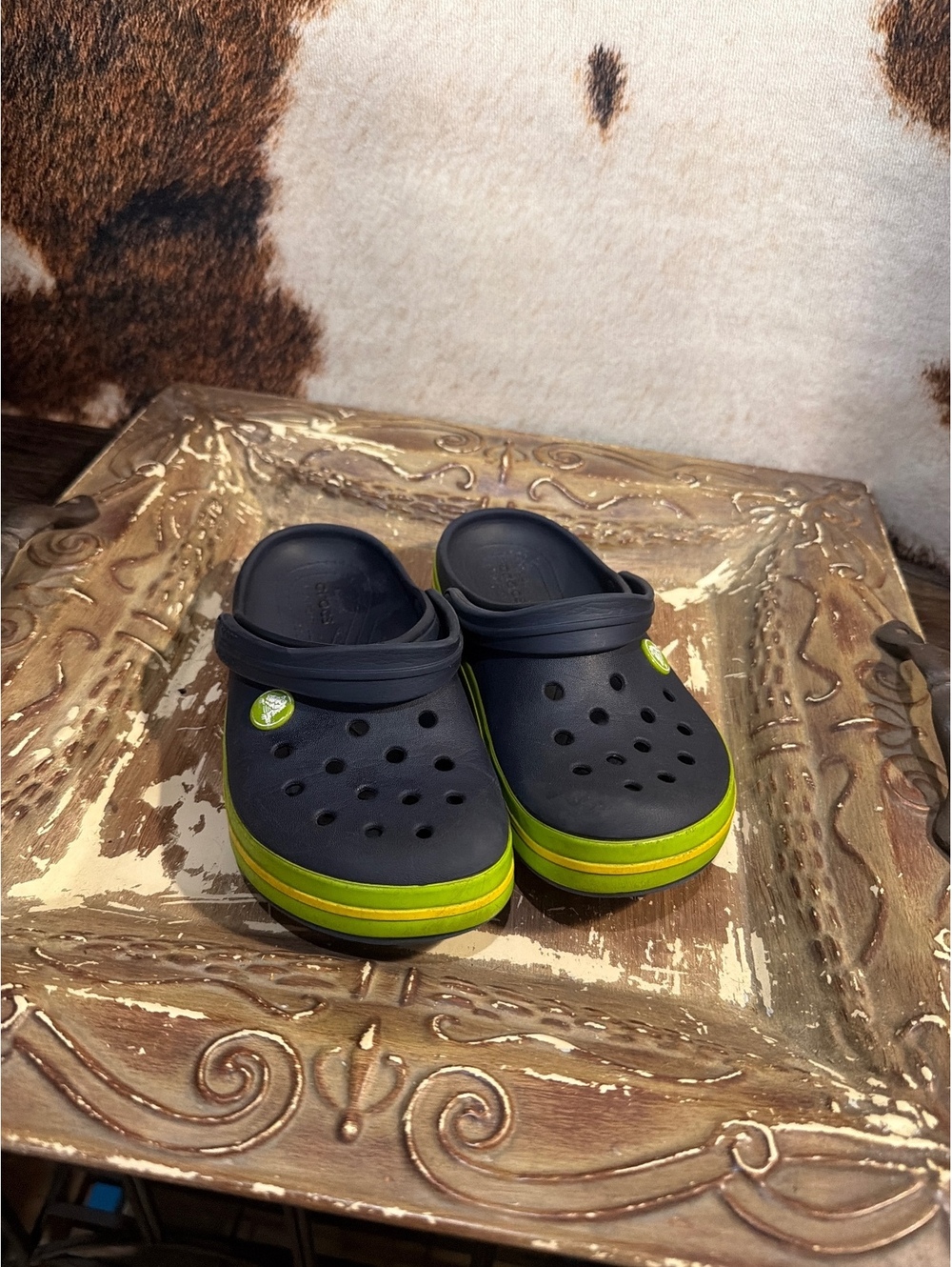 Crocs Classic Clogs in Navy Blue with Lime Green Accent - Size 14